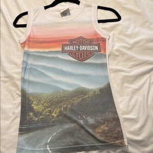 Harley-Davidson Blue and Green Tank Top Scenic Design